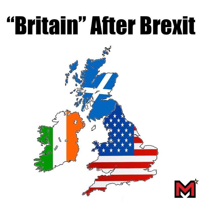 Map of Britain after Brexit, with flags of Ireland, Scotland, and USA.