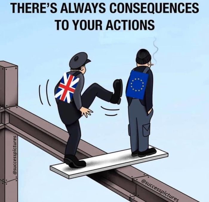 Cartoon of Brexit showing a UK-flagged person pushing an EU-flagged person off a plank, illustrating humorous consequences.