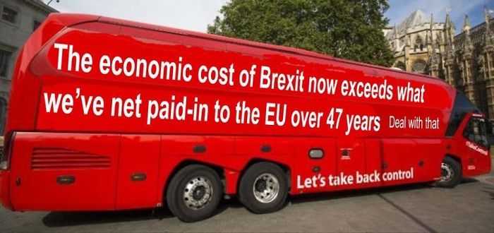 A red bus with a Brexit-themed meme comparing economic costs and EU contributions.
