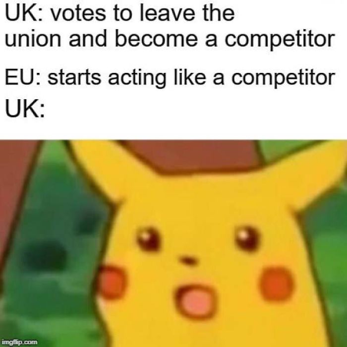 Pikachu meme about Brexit showing shocked expression in response to EU acting competitively.