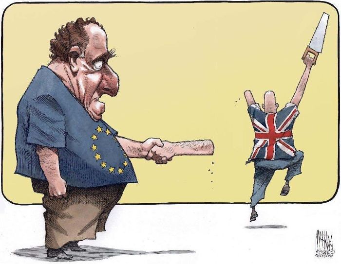 Cartoon of a person wearing EU stars frowning at another with a UK flag and saw, humorously depicting Brexit.