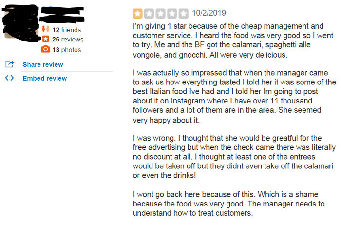Yelper Is Mad Because Restaurant Didn't Give Them Free Meal In Exchange For Potential Ig Exposure