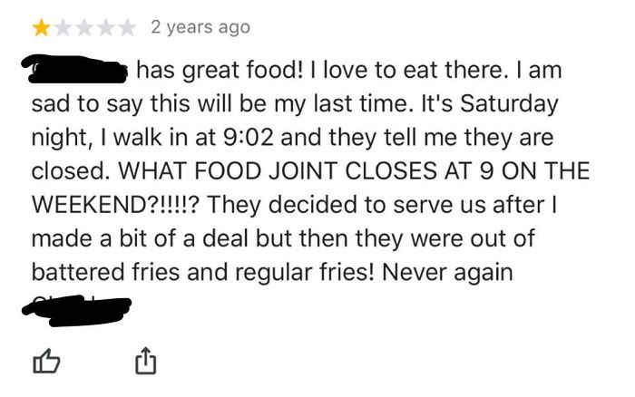 Local Restaurant Stays Open Late To Serve Great Food To Customer After Hours, Has Audacity To Be Out Of Fries, Receives One-Star Review