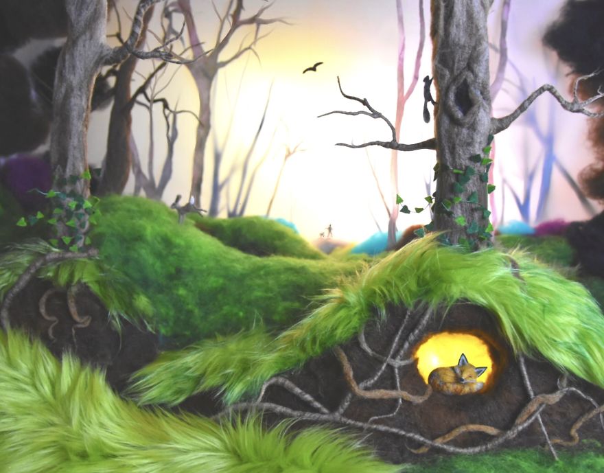 My Teenage Daughter Built Me A Custom Wooden Theatre Box So I Could Build Dreamy 3D Art Work Scenes From My Needle Felted Creations