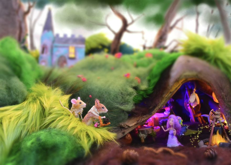 My Teenage Daughter Built Me A Custom Wooden Theatre Box So I Could Build Dreamy 3D Art Work Scenes From My Needle Felted Creations