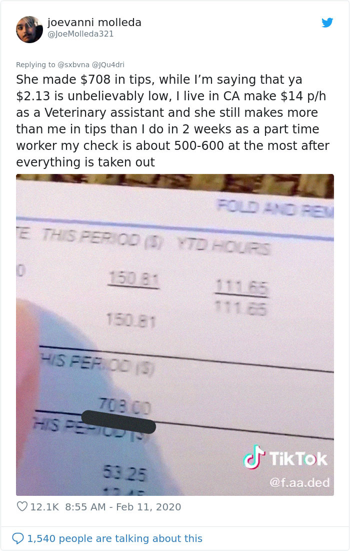 Mom Shares A TikTok Of Her $9.28 Paycheck After Working For 70 Hours As A Waitress Mom Shares A TikTok Of Her $9.28 Paycheck After Working For 70 Hours As A Waitress
