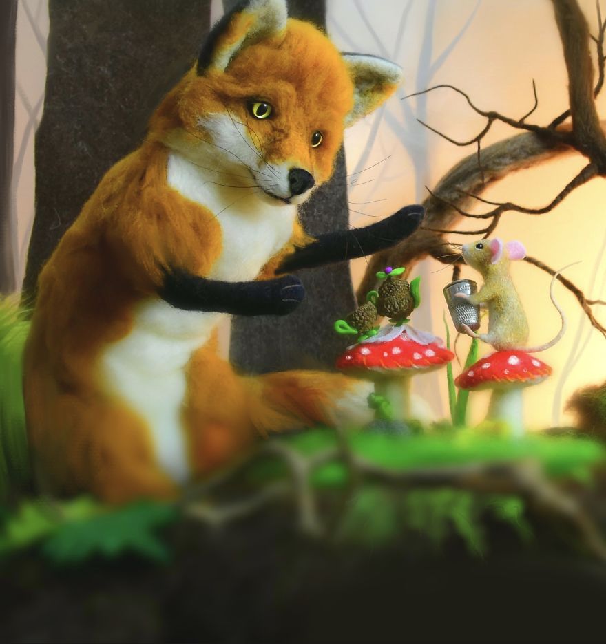 My Teenage Daughter Built Me A Custom Wooden Theatre Box So I Could Build Dreamy 3D Art Work Scenes From My Needle Felted Creations