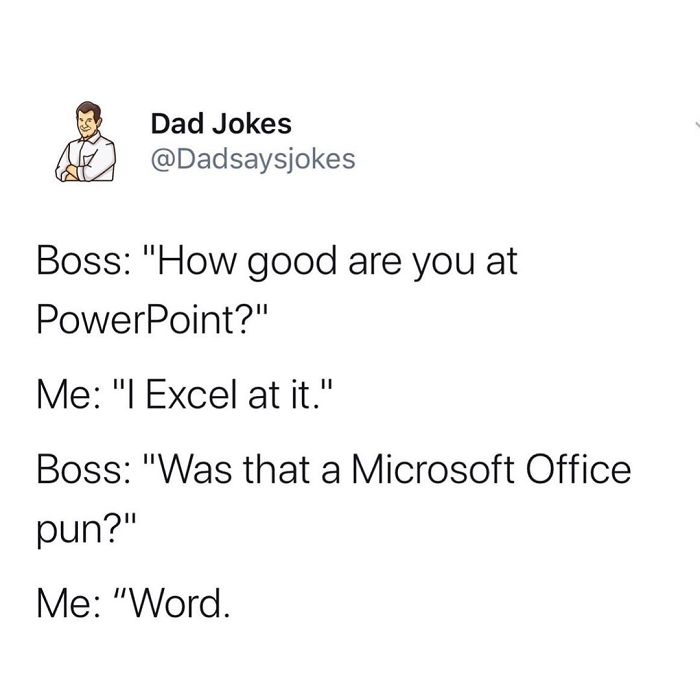 Dad jokes text post featuring Microsoft Office puns.