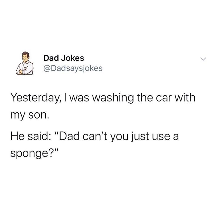 Dad jokes meme: A dad recounts washing a car with his son, who humorously suggests using a sponge.