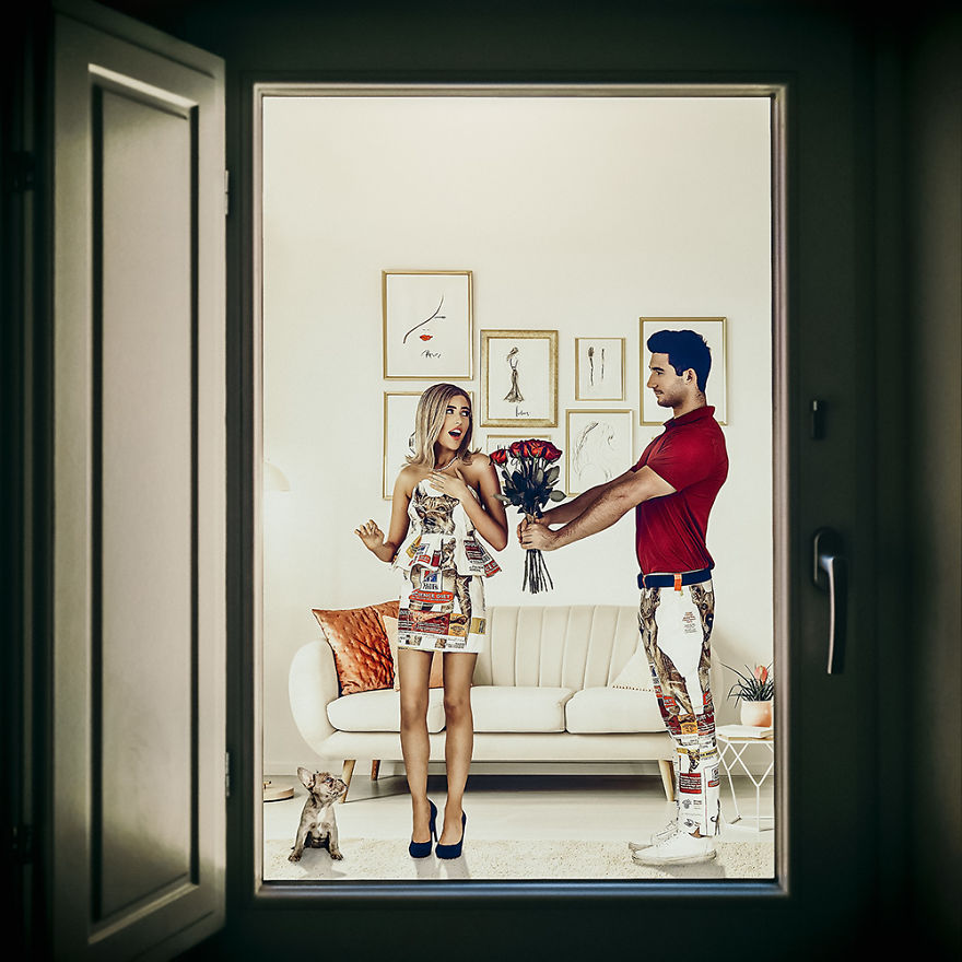 Antonella Vitulli And Brian Young Wearing Dog Food Bag Peplum Cocktail Dress And Men's Trousers