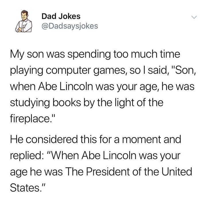 Text from an Instagram account with a dad joke about computer games and Abe Lincoln.