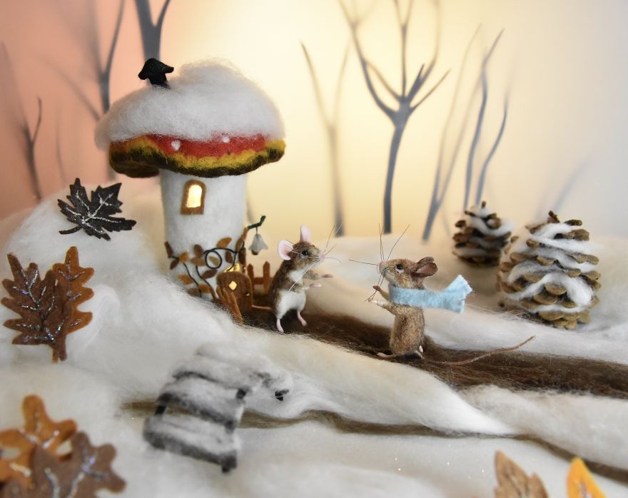 My Teenage Daughter Built Me A Custom Wooden Theatre Box So I Could Build Dreamy 3D Art Work Scenes From My Needle Felted Creations