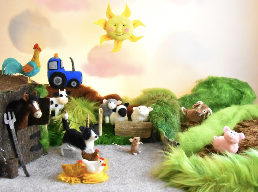 My Teenage Daughter Built Me A Custom Wooden Theatre Box So I Could Build Dreamy 3D Art Work Scenes From My Needle Felted Creations