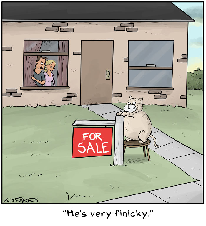 Cartoon cat sitting on a stool by a for sale sign in front of a house, reflecting cat owners humor and pet behavior.