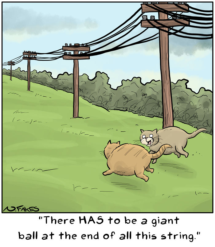 Cartoon of two cats chasing wires under power lines, funny cat comics relatable to cat owners and their pets.
