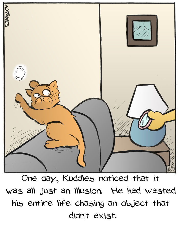 Comic of a cat on a couch realizing it wasted time chasing an illusion, relatable for cat owners and cat lovers.