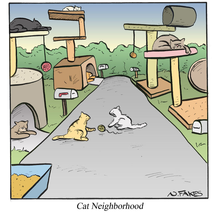 Comic illustration of cats playing and resting in a neighborhood, capturing relatable moments for cat owners.