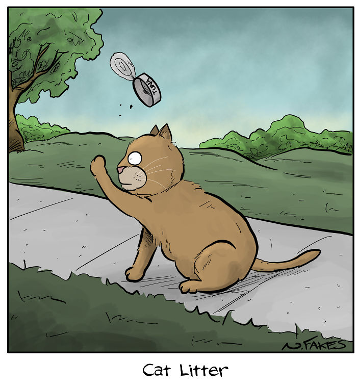 Comic illustration of a cat playing with a floating tuna can outdoors, relatable to cat owners and cat behavior comics.