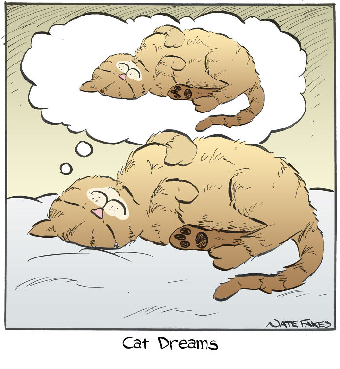 Cat owner comic showing a cartoon cat dreaming peacefully, illustrating relatable cat behavior and pet owner moments.