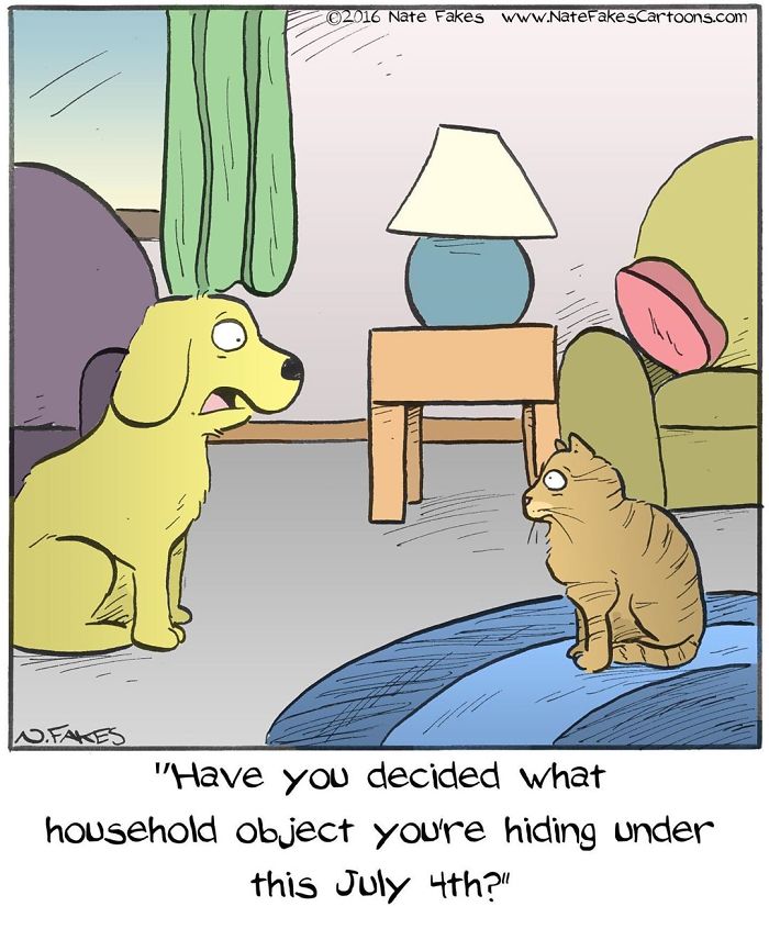 Cartoon of a cat and dog in a living room, showing relatable moments for cat owners through humor.
