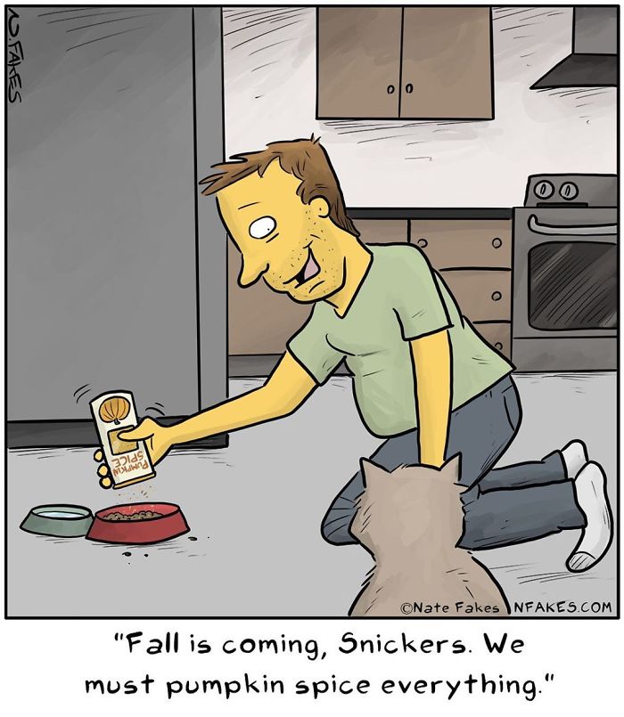 Man feeding cat pumpkin spice food in kitchen, a relatable comic for cat owners inspired by cats.