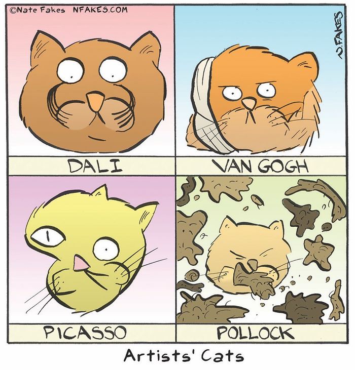 Cartoon showing cats inspired by famous artists in a comic about cat owners and their cats.