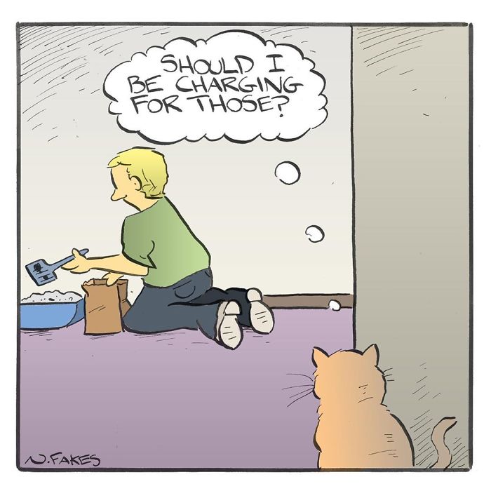Cat owner scooping litter while cat watches, highlighting relatable comics for cat owners inspired by their cats.