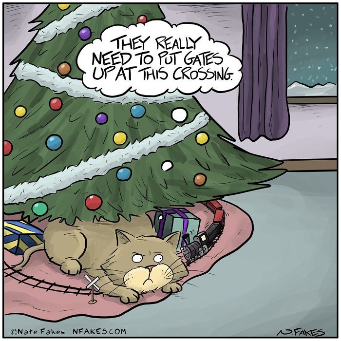 Cartoon of a cat lying under a Christmas tree near a toy train, humorous comic cat owners will relate to.