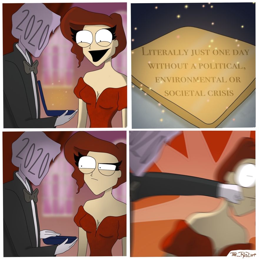 Four-panel inappropriate comic featuring a woman, a figure labeled 2020, and a wish for a crisis-free day.