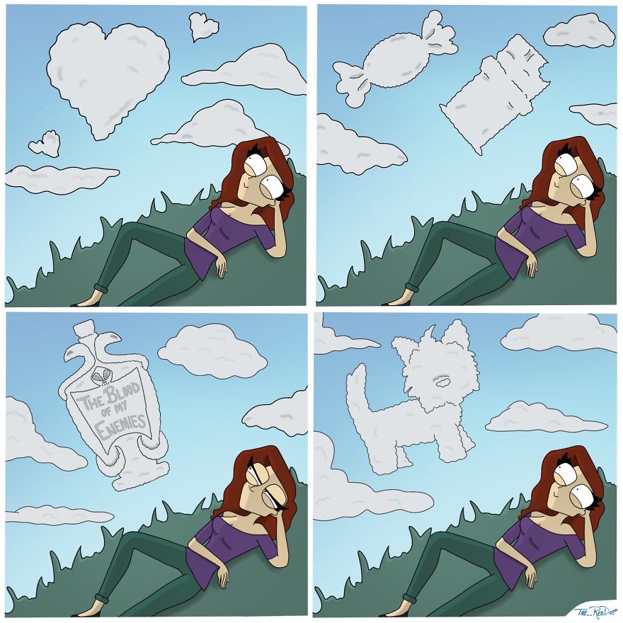 Woman lying on grass watching clouds shaped like candy, a bottle labeled enemies' blood, and a dog in inappropriate comics style.