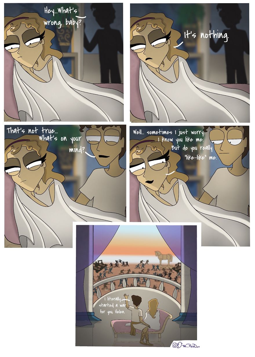 Inappropriate comic panels showing a couple discussing feelings with a war and Trojan horse scene in the background.