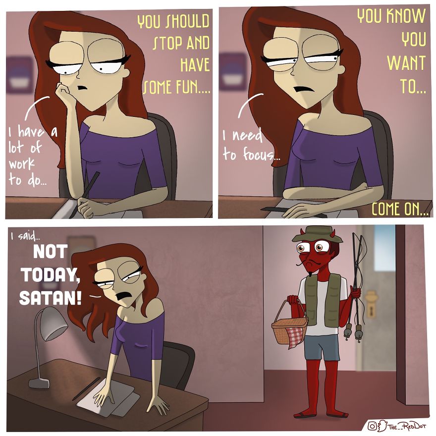 Cartoon woman struggling to focus at work while resisting distraction from a devil character in inappropriate comics.