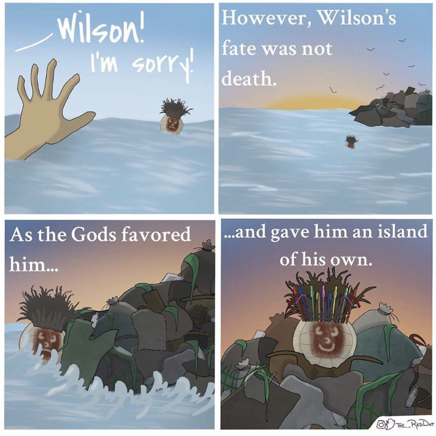 Comic panels showing a character named Wilson floating to an island, depicting a humorous inappropriate comic scene.
