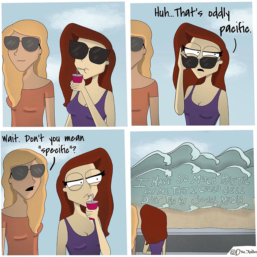 Two women in sunglasses share a pun about the Pacific Ocean in a colorful inappropriate comic strip.