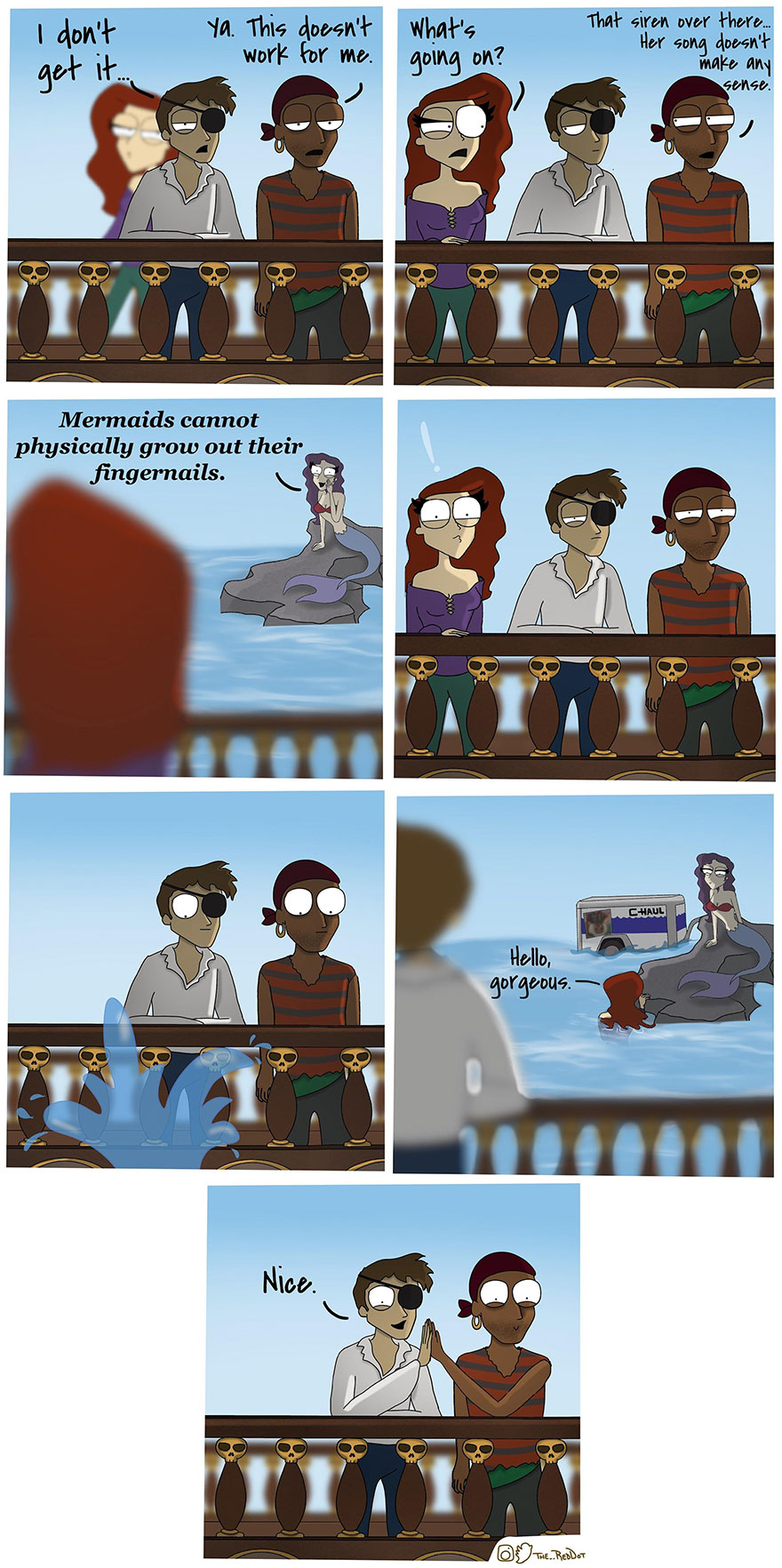 Cartoon comic strip featuring pirates and a mermaid, illustrating humorous inappropriate comics for reading at work.