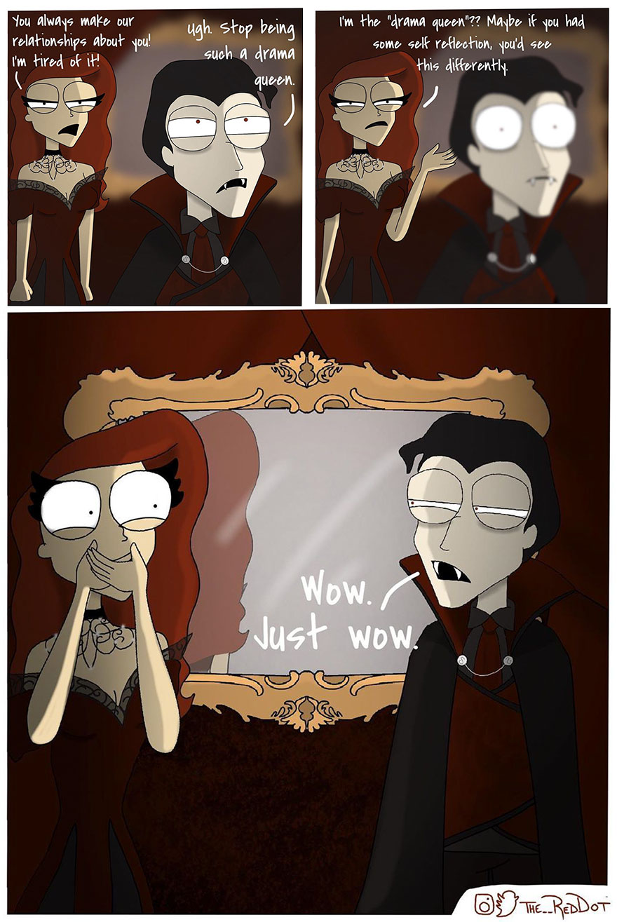 Cartoon drama queen and vampire characters in a dark room, part of new inappropriate comics for reading at work.