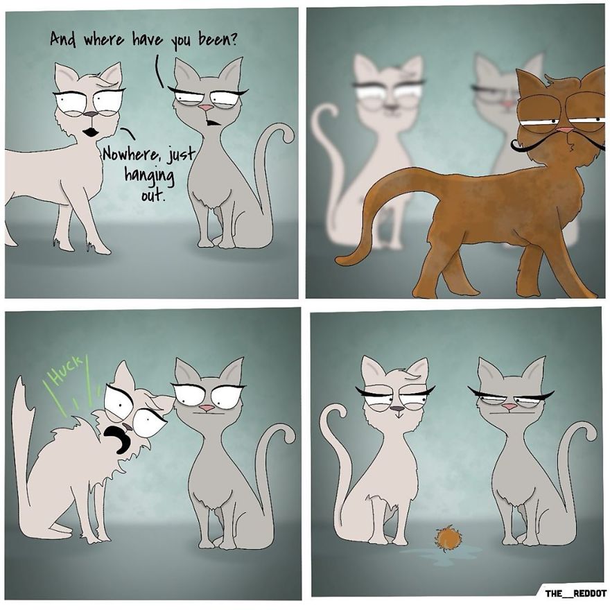 Two cartoon cats in a comic strip with humorous dialogue and expressions in inappropriate comics for reading at work.
