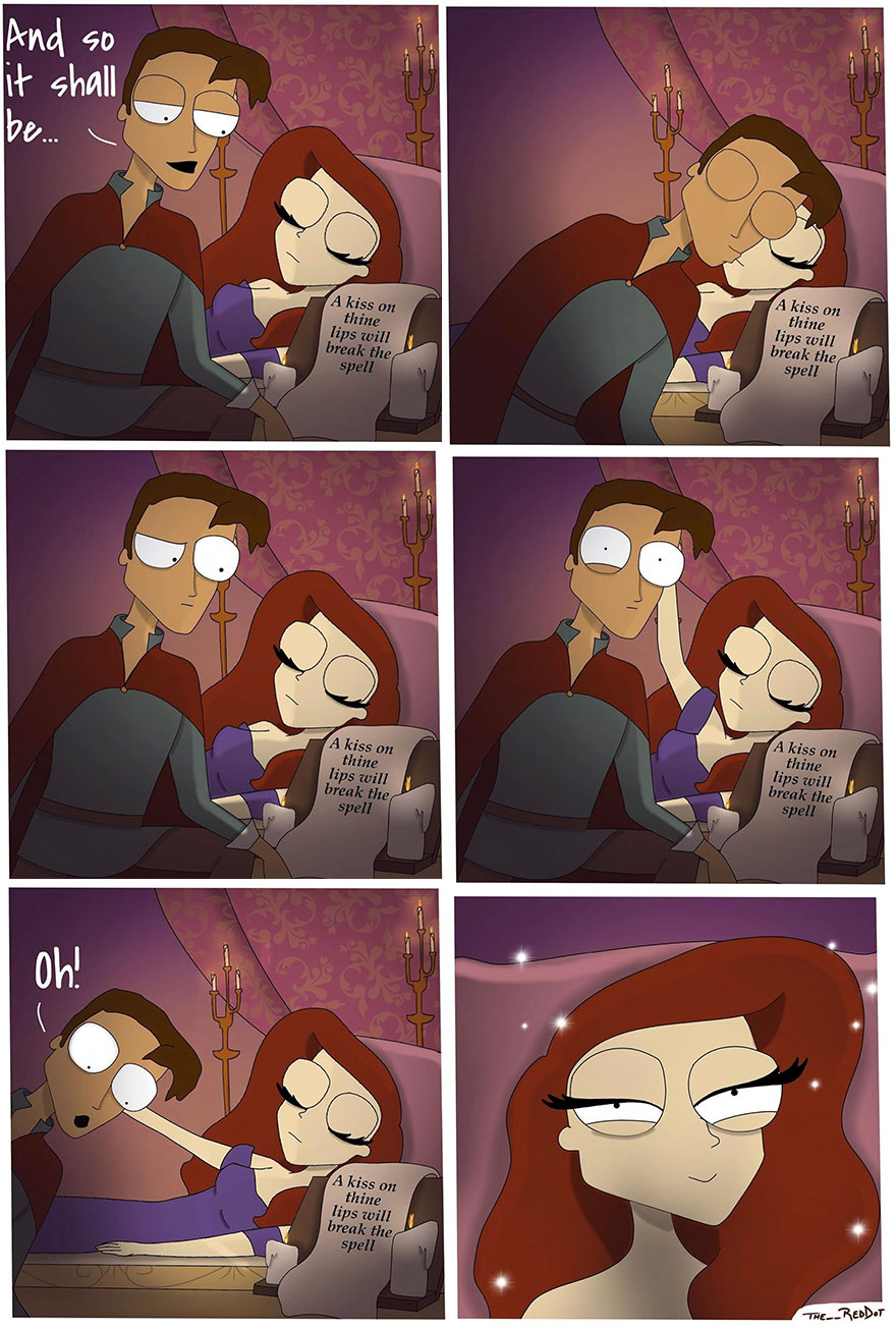 Comic strip from inappropriate comics showing a man and woman with a spell involving a kiss on the lips in a romantic setting.
