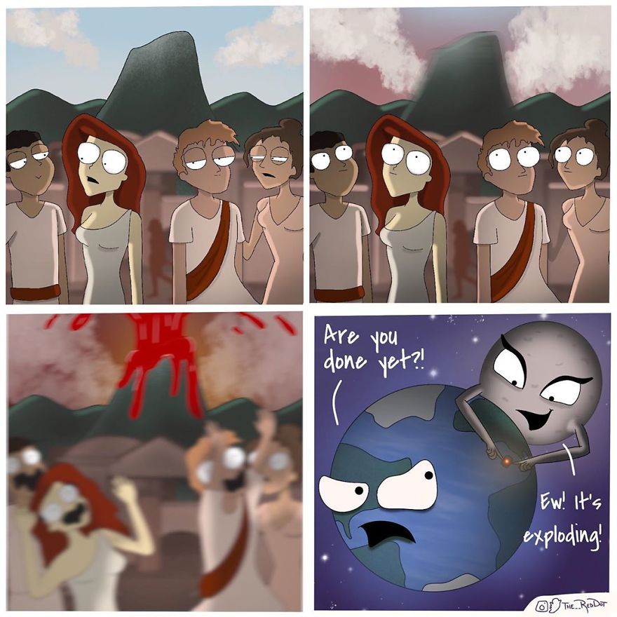 Comic strip featuring characters near a volcano and a humorous illustration about inappropriate comics and work reading