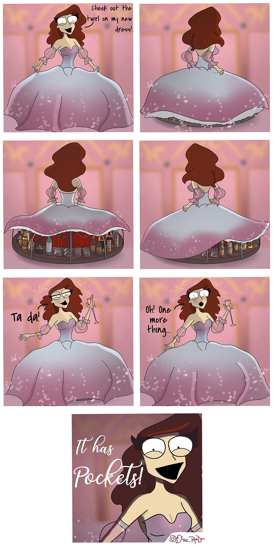 Cartoon woman in a sparkling dress reveals hidden pockets filled with bottles in a humorous inappropriate comics style.
