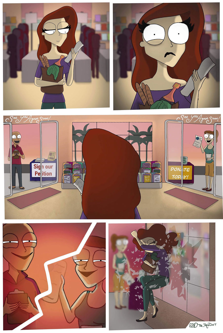 Cartoon woman in an office setting experiencing awkward moments in inappropriate comics about work and social interactions.