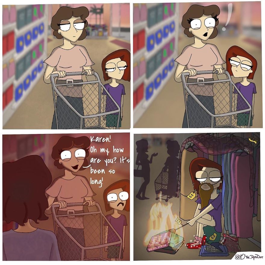 Woman and child in a grocery store aisle encountering an unusual scene, depicted in inappropriate comics style.
