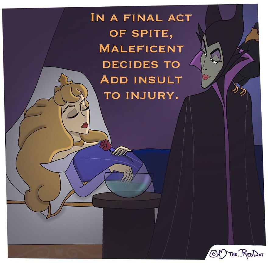 Sleeping princess and Maleficent in a comic panel illustrating inappropriate comics not for reading at work.