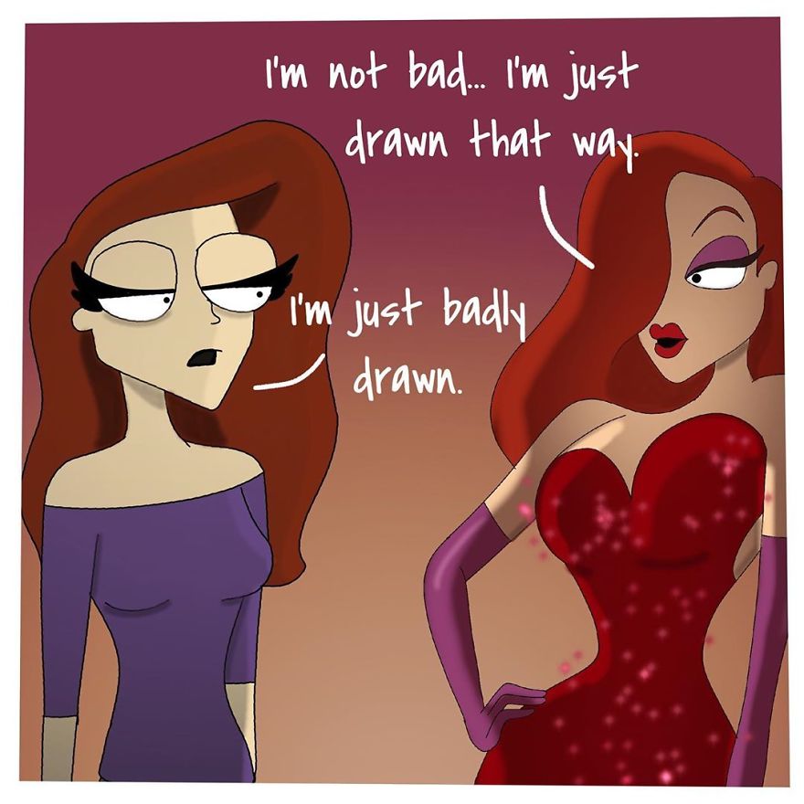 Two cartoon women with red hair, one saying I'm badly drawn, the other saying I'm just drawn that way in inappropriate comics.