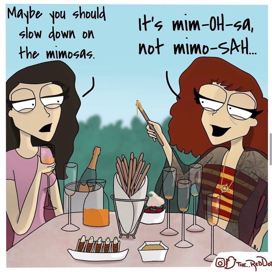 Two women enjoying drinks and snacks in a comic strip from new inappropriate comics not for reading at work.