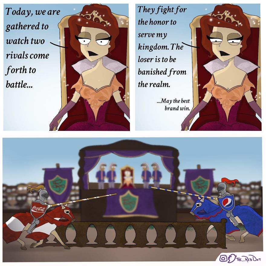 A medieval comic scene showing knights jousting, representing rival soda brands in an inappropriate comic.