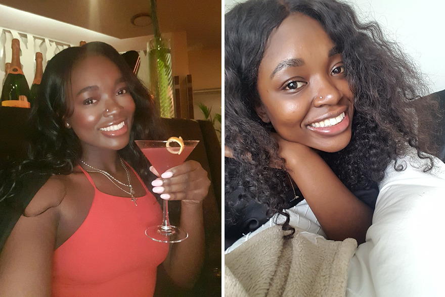 Woman with curly hair taking selfie with (left) and without (right) makeup