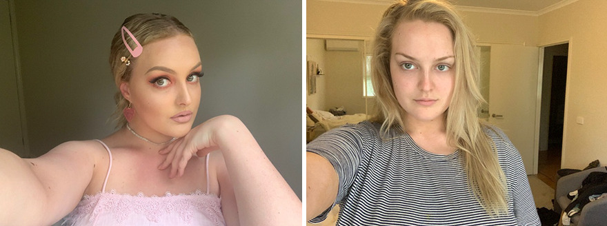 Woman with blond hair taking selfie with (left) and without (right) makeup