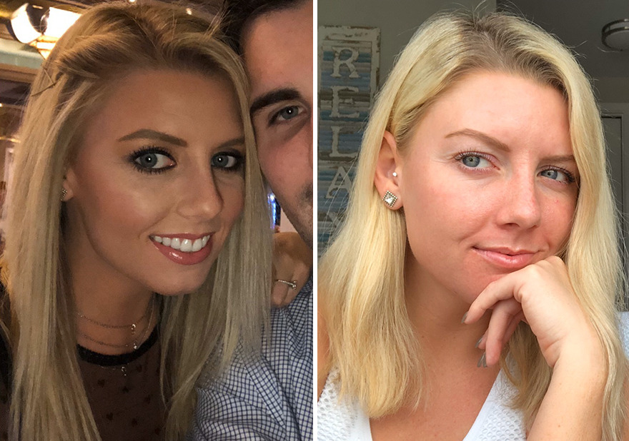 Woman with blind hair taking selfie with (left) and without (right) makeup