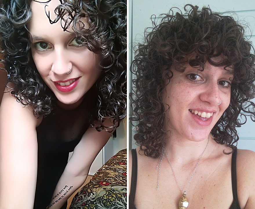 Girl with curly hair taking selfie with (left) and without (right) makeup 